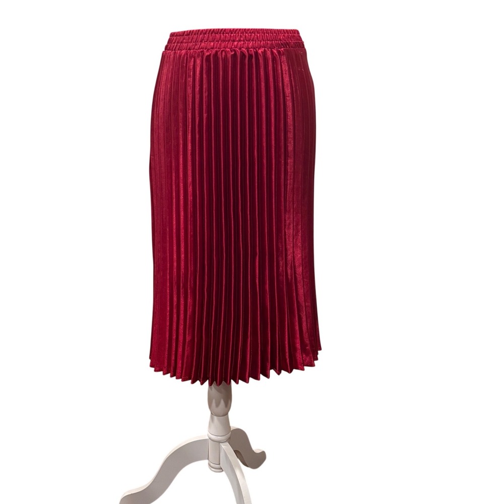 Love J Red Metallic Pleated Midi Skirt Women Small Elastic Waist Accordion Skirt